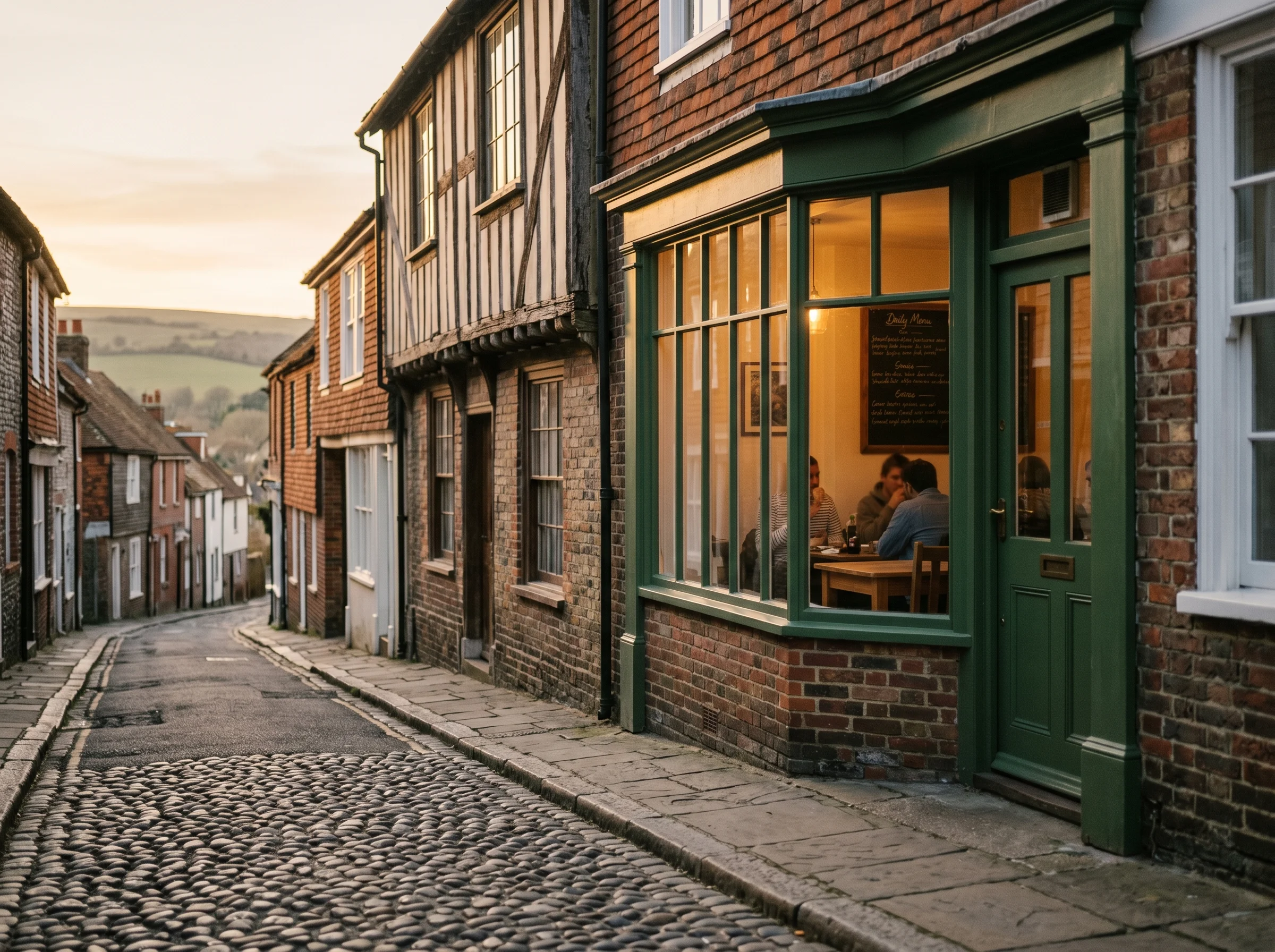 A cobbled street in the old town of Lewes at golden hour with the warm-lit window of a bistro