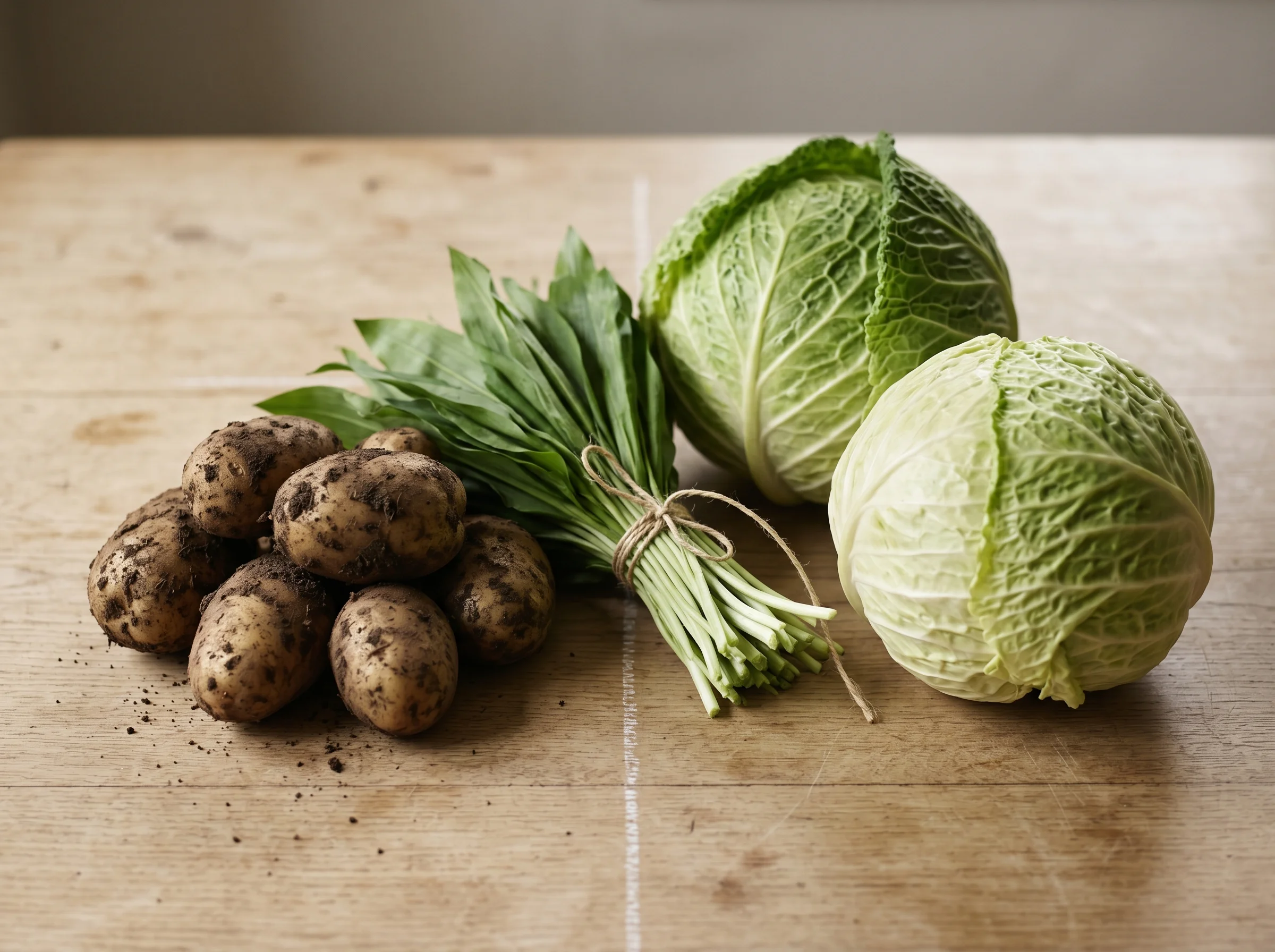 This week's South Downs produce on a plain table: Jersey Royals, wild garlic and hispi cabbage in daylight
