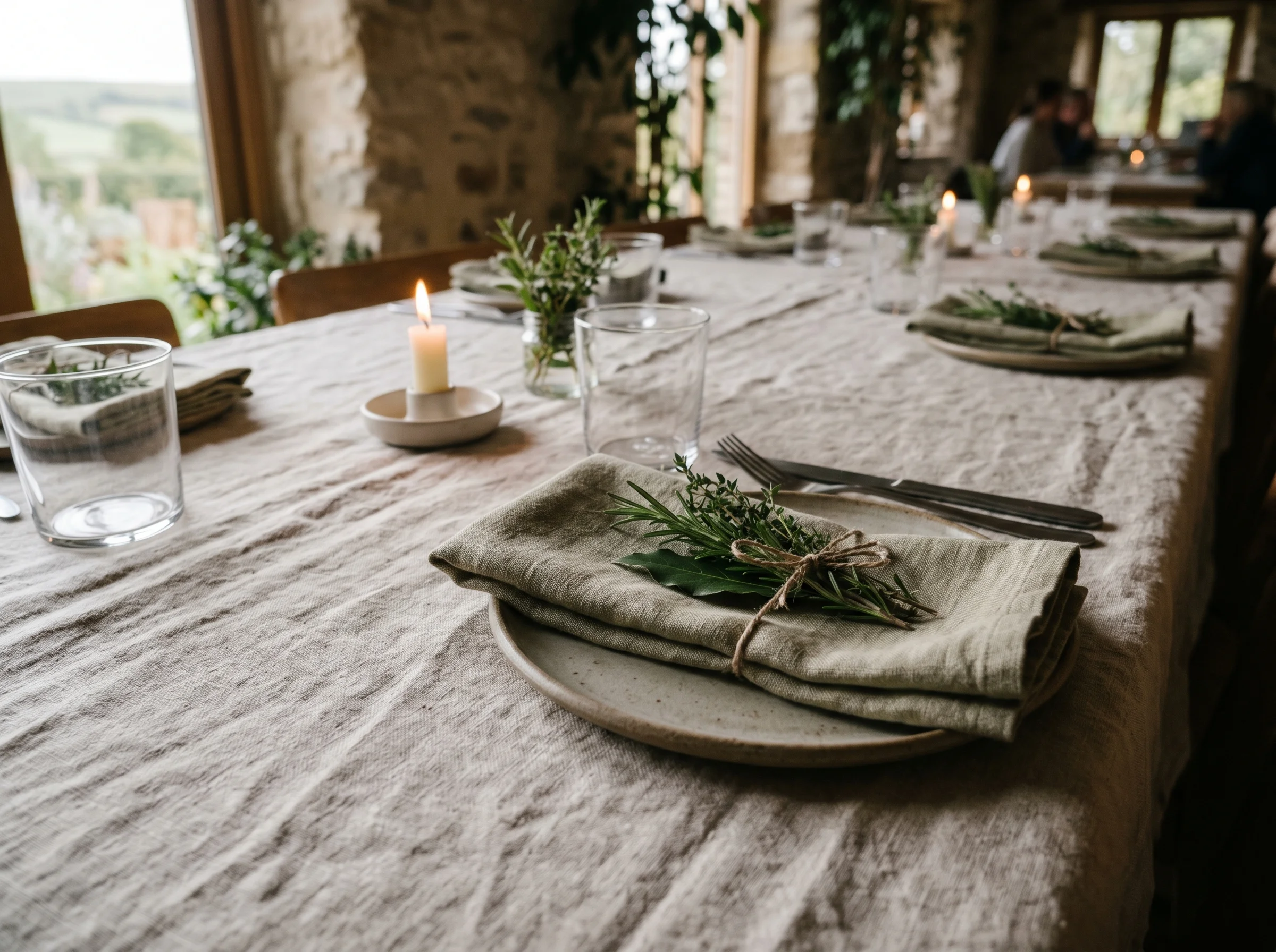 A simply and beautifully set long table for a private dinner