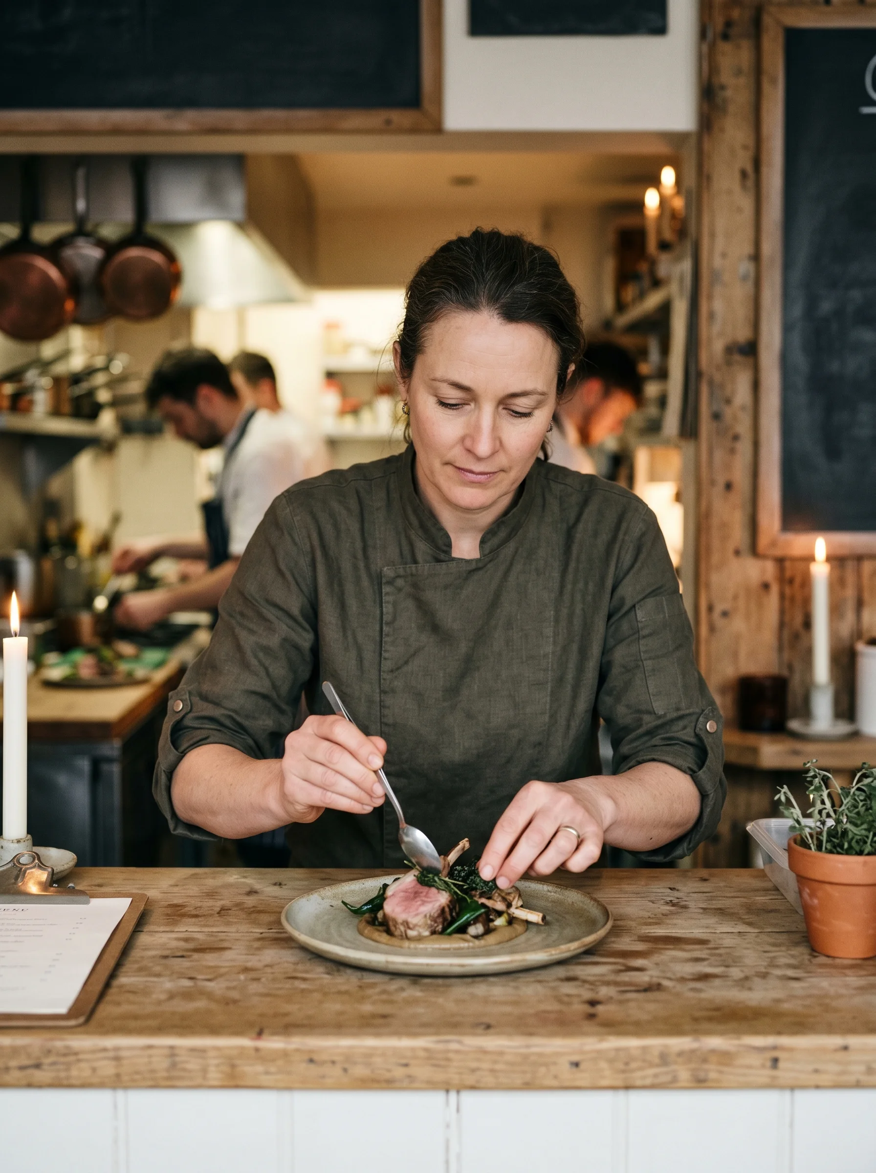 Chef Mara Whitfield plating a dish at the open pass