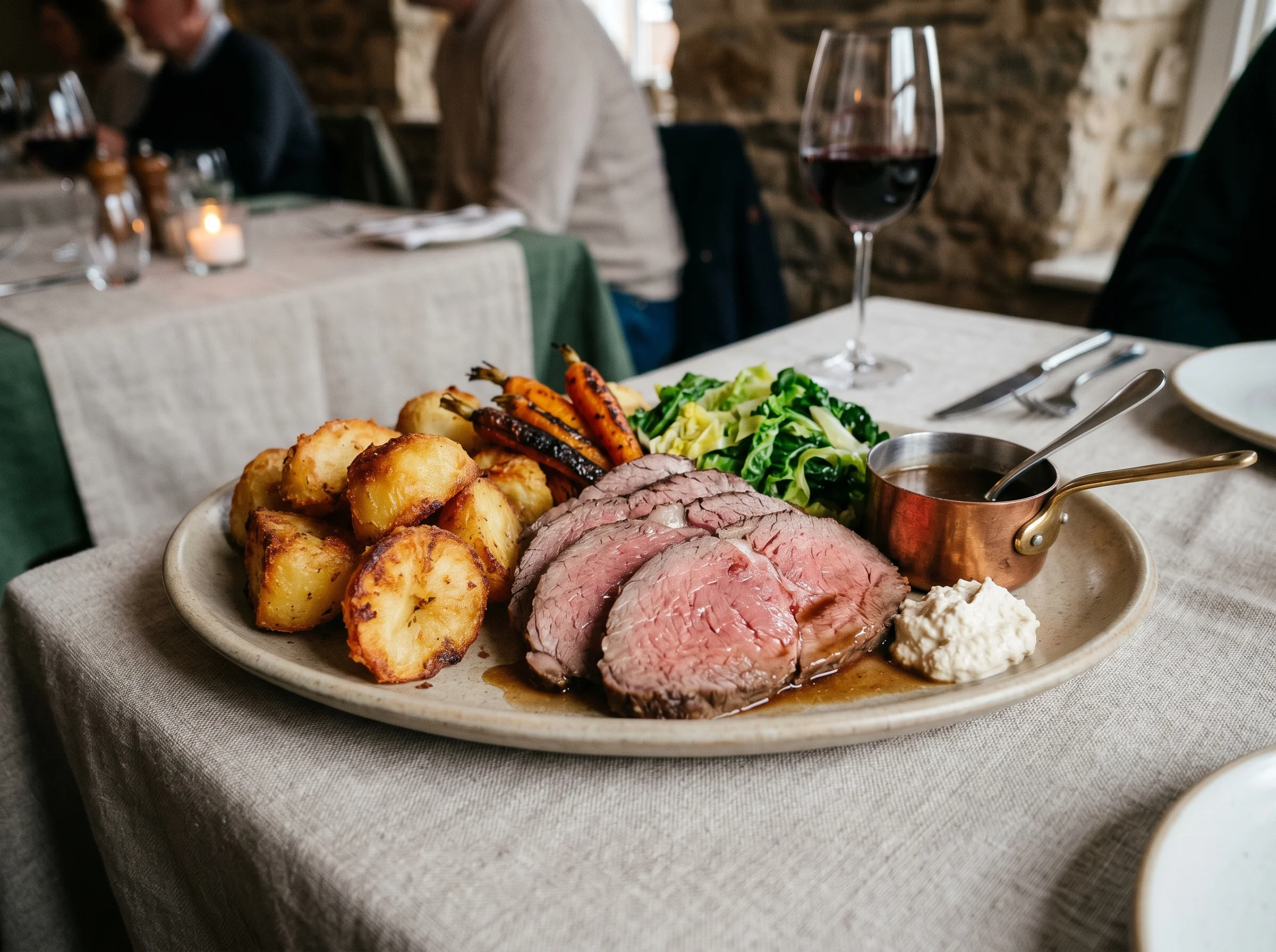 A shared platter of Sunday roast beef with potatoes and vegetables