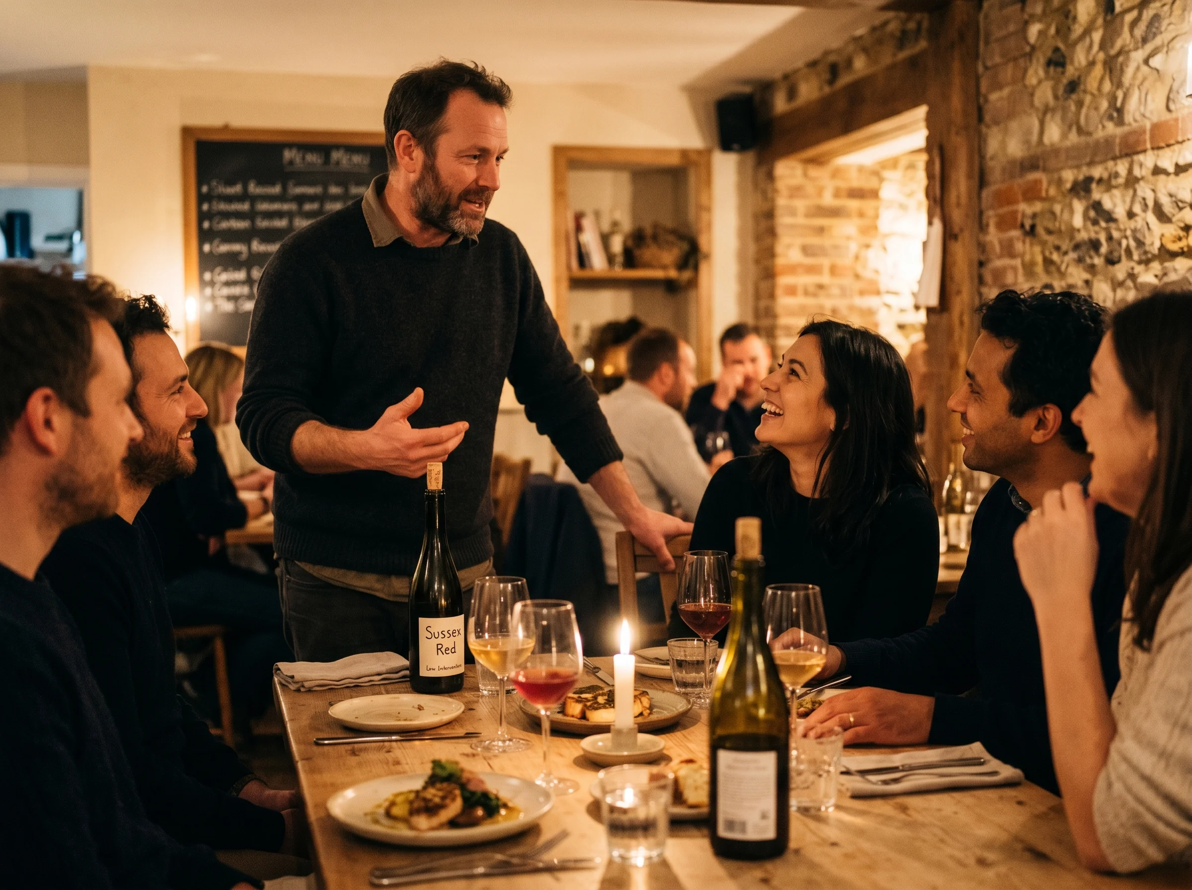 A winemaker talking to diners at a candlelit winemaker's supper