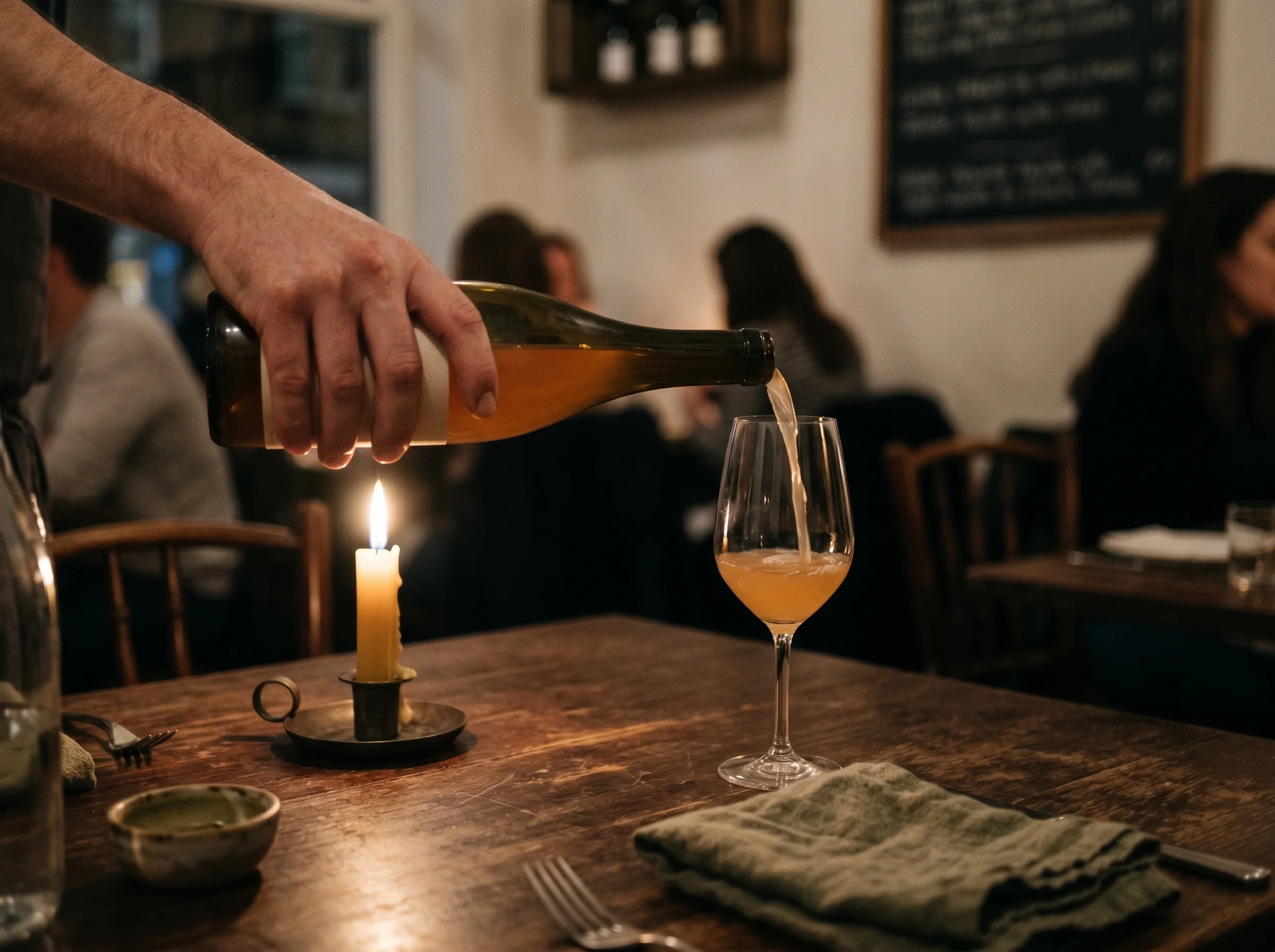 A glass of natural wine being poured at a candlelit table in The Copper Larder