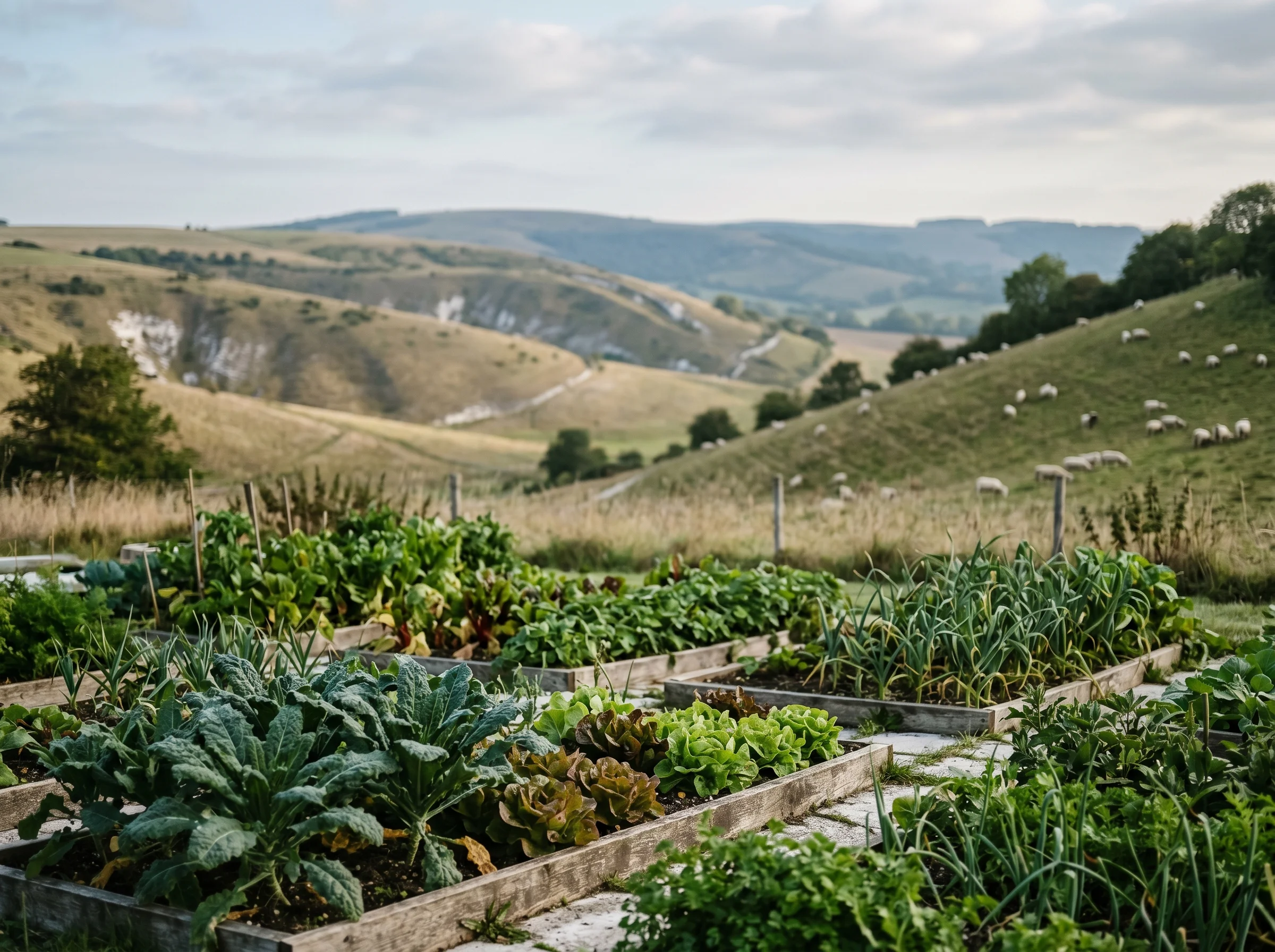 A market garden in the foreground of the rolling South Downs at morning