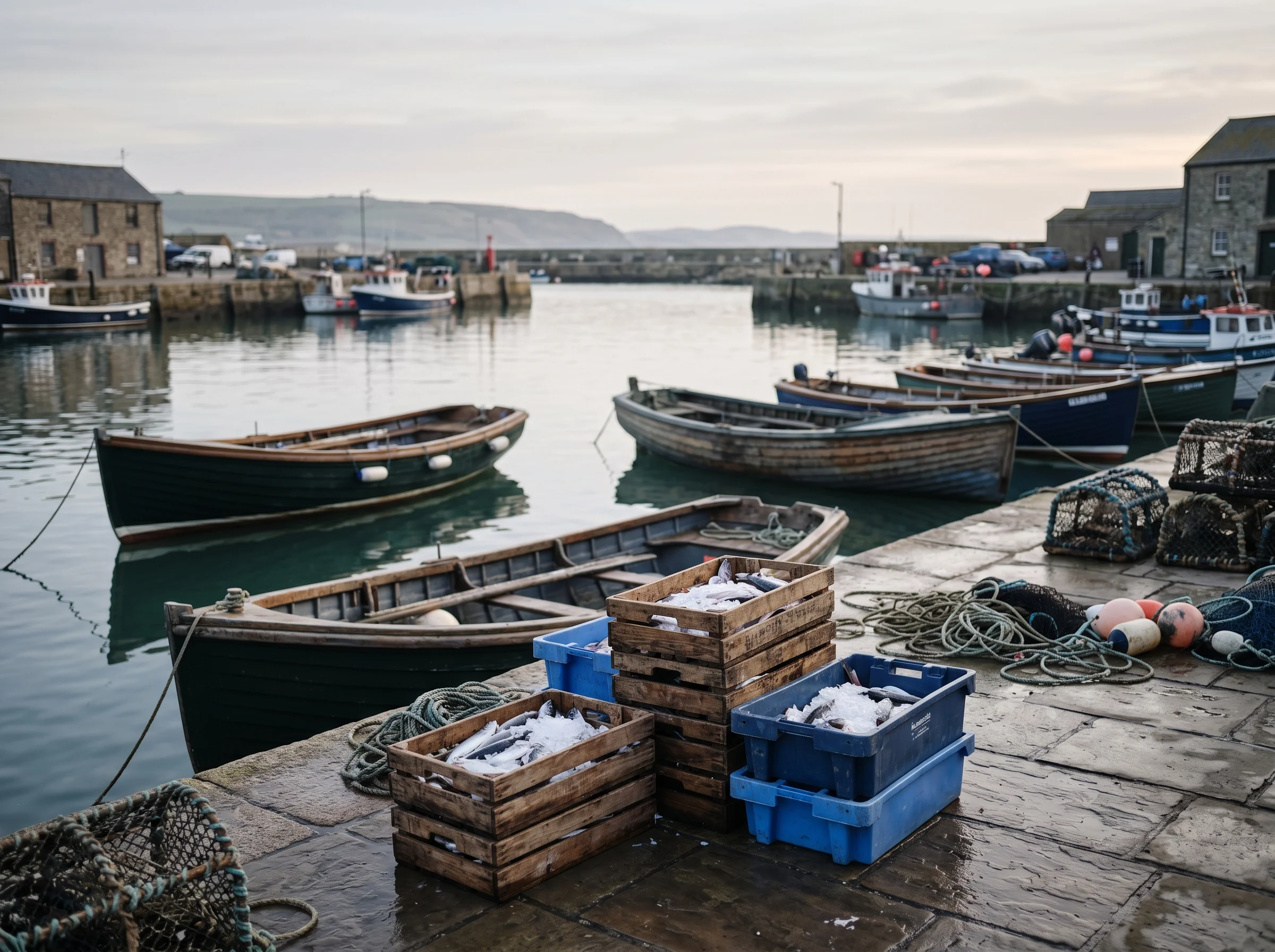 Day boats moored at Newhaven harbour at dawn with crates of fresh fish on the quay
